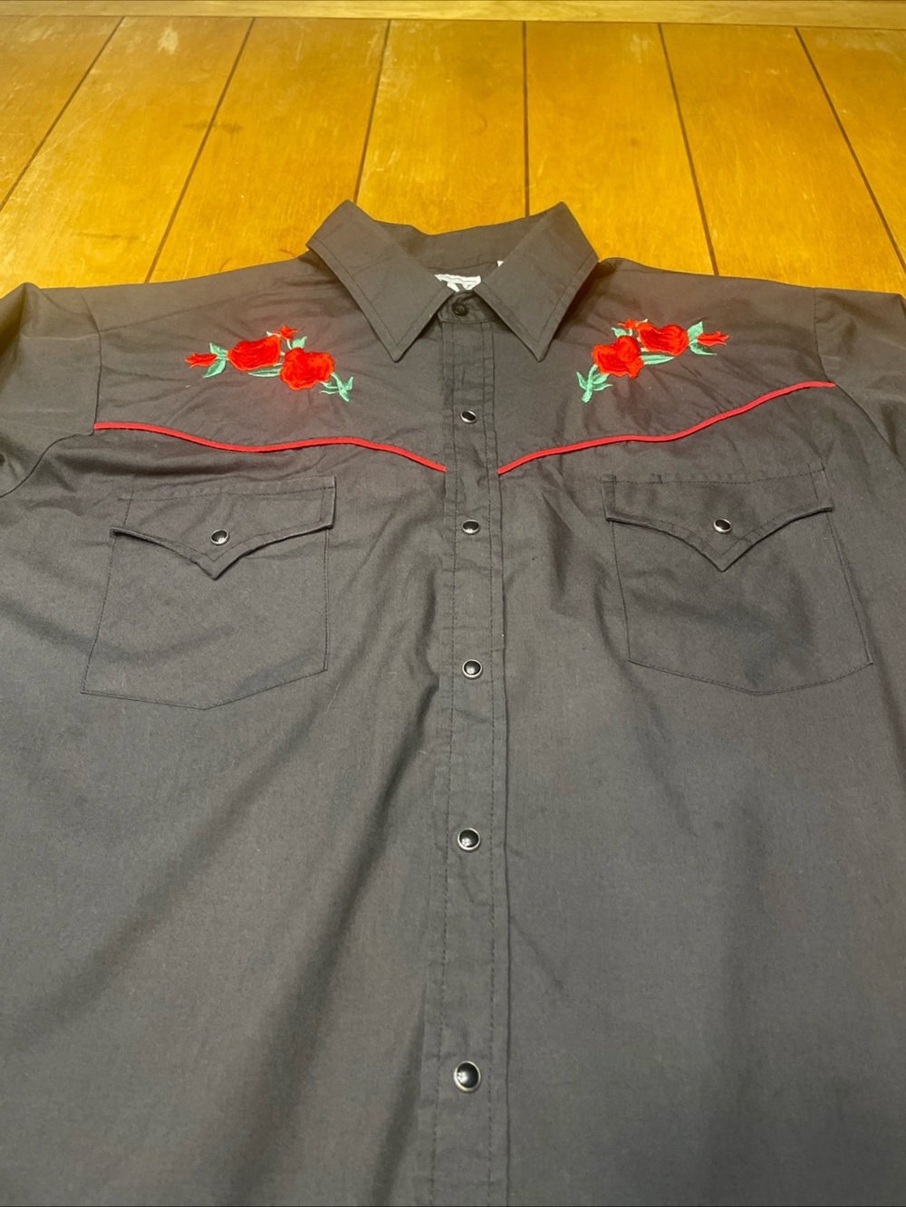 Ely Cattleman Black Western Shirt with Red Rose Embroidery Snap Button Large
